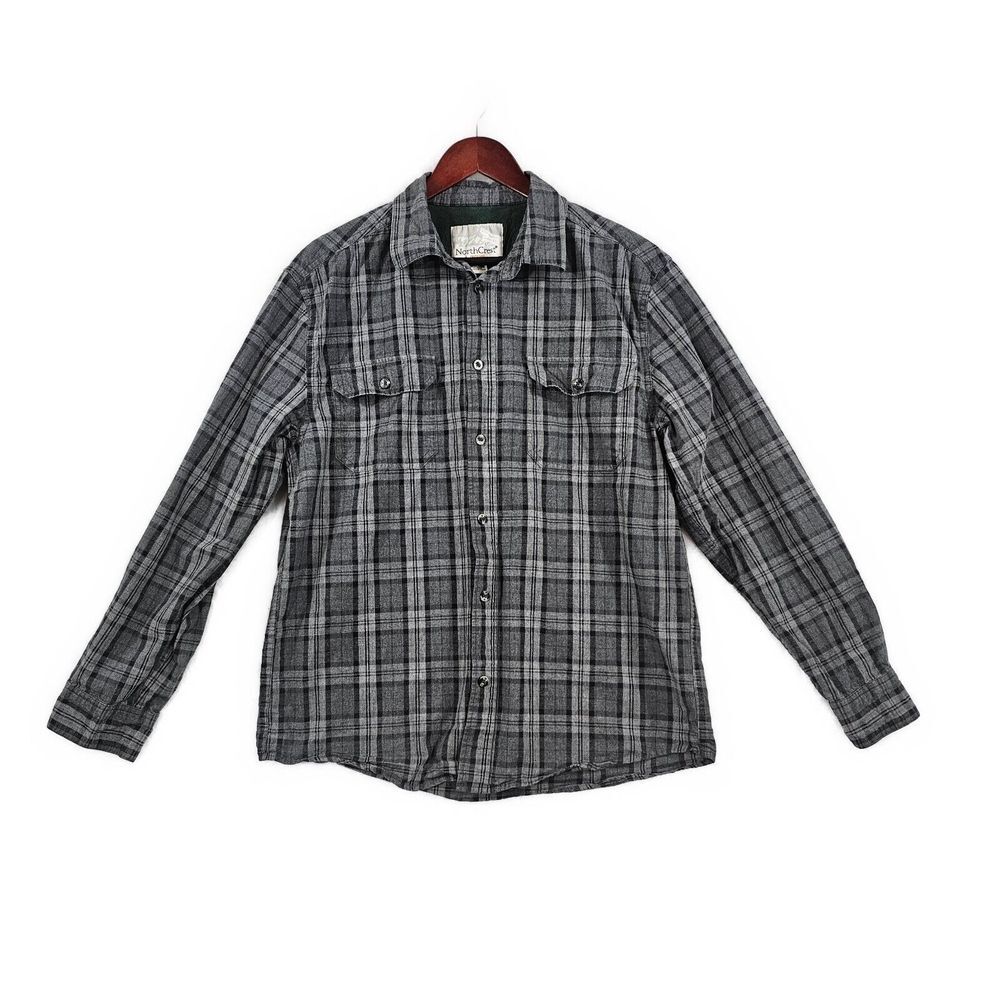 North Crest Mens Button Up Shirt Long Sleeve Pockets Cotton Flannel Plaid Gray M